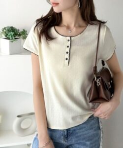 mily bilet 配色スカラップヘンリーネックTシャツ