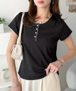 mily bilet 配色スカラップヘンリーネックTシャツ