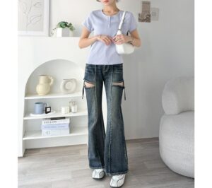 mily bilet 配色スカラップヘンリーネックTシャツ